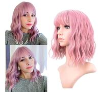 Pink Wig Women's Pixie Cut Short Wave Wig with Bangs Heat-Resistant Synthetic Comfortable Breathable Short Curly Wig Suitable for Daily Party wear Pink,16in (Pink 16in)