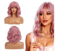 Pink Wigs for Women, 12 Inches Short Pink Curly Bob Wig with Bangs for Cosplay Daily Use