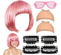 Pink Wigs for Women, Light Pink Bob Wig Party Wig Set with Shutter Glasses and Hair Nets, Complete Costume Transformation for Halloween Themed Celebrations, 8-Piece Styling Kit with Hair Clips