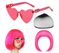 Pink Wigs for Women Pink Wig Short Bob Comes with 1 Rose Red Double Heart Sunglasses and 1 Black Wig Net Bag Suitable for Role Playing and Party Wigs Modify Face Shape Match Clothes