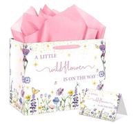 Pink Wildflower Baby Shower Party Gift Bag Large Gender Reveal Gift Bag with Card & Tissue Paper A Little Wildflower is On The Way wrapping paper for Baby Girls & Birthday Party Favor Decor Supplies
