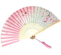 Pink with Butterflies Floral Patterned Hand Fans come with fan bag, Vintage Silk and Japanese Lace Designs with Bamboo Frames, Handheld Folding Fans Perfect for Weddings, Parties and Church Events
