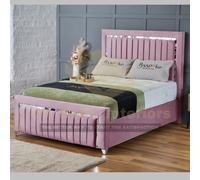 (Pink (with Mattress), 4ft6" Double (with Gaslift)) Luxury Plush Velvet Upholstered Panel Strip Ottoman Bed Frame Double/King/Single