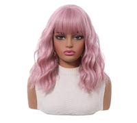 Pink Women Bob Wig with Bangs,Short Curly Wavy Shoulder Length,14 Inch Synthetic Hair for Halloween Costumes Cosplay Daily Use Fluffy and Natural