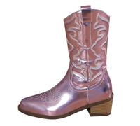 Pink Women Western Cowboy Boots Metallic Pointed Toe Embroidered Cowgirl Boot Mid-Calf Pull-On Chunky Heel Ankle Mid Shaft Fashion Boots Country Music Festival Vintage Calf Length Booties UK 7.5