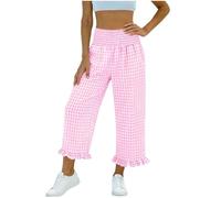 Pink Women's Cotton Gingham Pyjama pj Bottoms Plaid Trousers Palazzo Slacks Beach Loungewear Plaid Tartan Print Pajamas Ladies Lounge Pants Pyjama Set high Waist Wide Leg Pants UK XXL