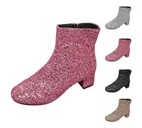 Pink Women's Glitter Sequins Ankle Boots Mid Block Chunky Heels Sparkly Booties Ladies Zipper Party Prom Booties with Size Zip Footwear Size 7