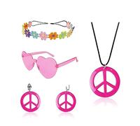 Pink Women's Hippy Costume Sets - 60s 70s Style Hippy Bohemian Headband Retro Vintage Glasses Peace Sign Costume Dress Up, 60s to 70s Hippy Hippy Fancy Dress Costumes Women's Disco Costumes