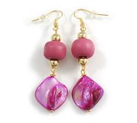 Pink Wood and Fuchsia Shell Bead Drop Earrings in Gold Tone - 70mm Long