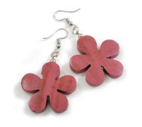 Pink Wood Flower Drop Earrings/60mm Long
