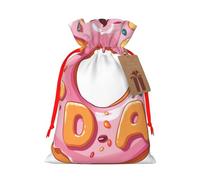 Pink Word Cartoon Donut Printed Christmas Drawstring Bags Reusable Xmas Bag for Party Xmas Gift Wrapping, Red Ribbon, M