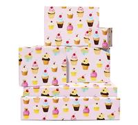Pink Wrapping Paper - Cupcake Muffin Printed Pattern - 6 Sheets Of Gift Wrap For Girls - Birthday Wedding Baby Shower - Comes With Stickers - By Central 23