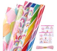 Pink Wrapping Paper Roll - 3 Rolls 43cm x3m, Colorful Birthday Wrapping Paper Rolls Set for Girls Women, Rainbow Gift Wrap Paper with Stickers and Rope for Birthday Wedding Baby Shower All Occasions