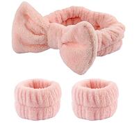 Pink Wrist Bands for Face Washing Headbands and Wristbands Pink Bowknot Spa Headband for Skincare Wrist Towels for Washing Face Head Bands for Make Up Wrist Band for Skin Care Bow Headband and Cuffs