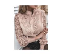 (pink, XXL) Shirts Elegant Office Ladies White Collared Lace Patchwork Hollow Out Button Up Womens Tops And Blouses Fashion New Blouse