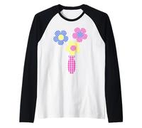Pink Yellow Blue Flowers in Tartan Gingham Pot Shapes Mania Raglan Baseball Tee