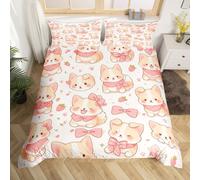 (Pink Yellow, Double(No Comforter)) Cartoon Cat Double Bedding Set Bohemian Flowers Comforter Cover,Colorful Groovy Florals Duvet Cover Vintage Printed Cute Animlas Quilt Cover