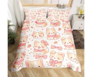 (Pink Yellow, Double(No Comforter)) Cartoon Cat Double Bedding Set Bohemian Flowers Comforter Cover,Colorful Groovy Florals Duvet Cover Vintage Printed Cute Animlas Quilt Cover