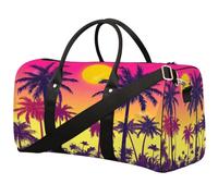 Pink Yellow Gradient Sunset Palm Tree Foldable Travel Duffle Bag Waterproof Sports Gym Bag with Shoulder Straps