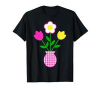 Pink Yellow White Flowers in Tartan Pattern Pot Shapes Mania Value Graphic T-Shirt
