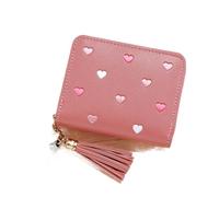 Pink Zipper Purse, PU Short Wallet with Embroidery Hearts Star Tassels Pendant, Slim Small Coins Pocket Credit Card Holder