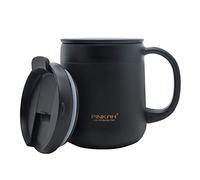 PINKAH 11OZ 330ML Stainless Steel Insulated Coffee Mug with Handle, Double Wall Vacuum Tumbler Camping Desk Mug with two lids BLACK for desk home office…