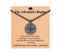 PINKDODO The Adventure Begins Compass Graduation Necklace for Him Male Men Boys High School College 5th 8th Grade Graduation Gifts for Son Grandson Nephew, Stainless Steel, No Gemstone