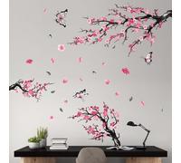 PinkEleph Pink Watercolor Cherry Blossom Flower Wall Stickers - Tree Branch Birds Floral Cherry Blossom Wall Decals - Living Room Bedroom TV Sofa Background Family Wall Decor