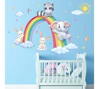 PinkEleph Rainbow Animal Wall Stickers - Elephant Rabbit Raccoon Wall Decals - Baby Nursery Kids Boy Girls Room Daycare Playroom Classroom Wall Decor