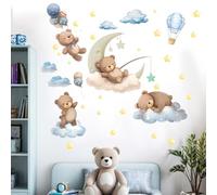 PinkEleph Sleeping Moon Bear Wall Decals - Hot Air Balloon Animals Star Clouds Wall Stickers - Kids Bedroom Baby Nursery Daycare Playroom Wall Decor