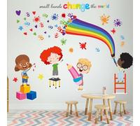 PinkEleph Small Hands Change The World Wall Stickers - Inspirational Quotes Rainbow Wall Decals - Kids Room Nursery Classroom School Daycare Library Playroom Wall Decor
