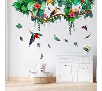 PinkEleph Tropical Leaves Wall Stickers - Nature Hanging Vine Palm Tree Leaf Plants Flowers Birds Wall Decals - Bedroom Living Room Sofa Background Home Wall Decor