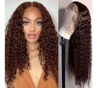 Pinketer Chocolate Brown Human Hair Wigs 5.1x1.5 Inches Medium Brown Lace Front Wigs 180% Density Brazilian Human Hair Curly for Women Black