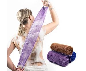 Pinkiou 3 Pcs African Net Sponge for Shower Exfoliating Back Scrubber with Handles 31.5" Long Double Layer Thickened Nylon Mesh Wash Cloth for Body Deep Cleansing Men Women Purple Blue Coffee
