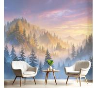 Pinkish Purple Wallpaper Mural Watercolor Healing Landscape 3D silk Wall Mural Photo Wallpaper, Premium Art Decor for Living Room Bedroom Photo Wall Decoration 200x140cm (WxH), Dreamy Sunrise Forest