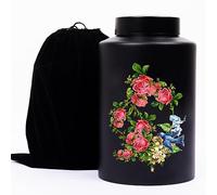 PinkMemory Black Memorial Urn for Human Ashes Decorative Rose Hummingbird Pattern Funerary Coffins Urn for Female Male Dog Cat Ashes with Black Velvet Bag