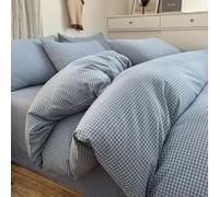 PinkMemory Blue Gingham Duvet Cover Set King 100% Washed Cotton Plaid Checkered Duvet Cover 3pcs Modern Grid Gingham Bedding Set with Zipper Closure Ultra Soft Breathable