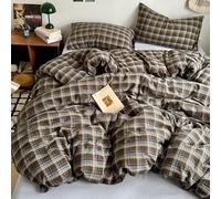 PinkMemory Brown Blue Gingham Buffalo Plaid Duvet Cover Queen 100% Washed Cotton Vintage Checkered Duvet Cover Set Full 3pcs Retro Grid Bedding Set with Zipper Closure Corner Ties,Soft Breathable