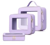 Pinkmik Clear Makeup Bag with Brush Bag 3pcs Waterproof Travel Case for Cosmetics and Toiletries Women's Makeup Organizer with Zipper, X/Purple, L+M+SLIM