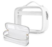Pinkmik Clear Makeup Bag with Brush Bag Portable Cosmetic Bag Case Travel Toiletry Bag Car Essential for Women, White, M+SLIM-2, Travel Toiletry Bag for Women