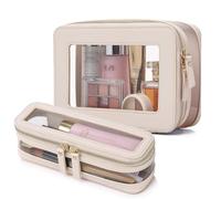 Pinkmik Clear Makeup Bag with Brush Bag Portable Cosmetic Bag Case Travel Toiletry Bag Car Essential for Women, Beige, M+SLIM-1, Travel Makeup Set