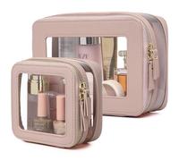 Pinkmik Makeup Brush Case Clear Travel Cosmetic & Toiletry Bag Slim Makeup Bag with Zipper Small Purse Organizer Car Essential Bag for Women, Pink, M+MINI-1, Travel Makeup Set