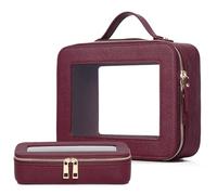Pinkmik Makeup Brush Case Clear Travel Cosmetic & Toiletry Bag Small Makeup Bag with Zipper Purse Organizer for Women, B4/Burgundy, L+SLIM, Travel Toiletry Bag