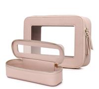 Pinkmik Makeup Brush Case Clear Travel Cosmetic & Toiletry Bag Small Makeup Bag with Zipper Purse Organizer for Women, B1/Pink, M+SLIM, Travel Makeup Set