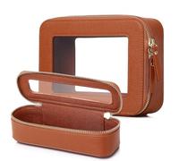 Pinkmik Travel Clear Makeup Bag with Brush Case TSA Approved Toiletry Bag Waterproof Cosmetic Organizer with Zipper Car Essential for Women, X/Brown, M+SLIM, Travel Makeup Set