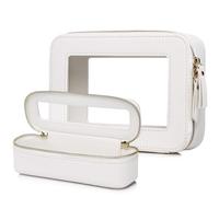 Pinkmik Travel Clear Makeup Bag with Brush Case TSA Approved Toiletry Bag Waterproof Cosmetic Organizer with Zipper Car Essential for Women, White, M+SLIM, Travel Makeup Set
