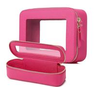 Pinkmik Travel Clear Makeup Bag with Brush Case TSA Approved Toiletry Bag Waterproof Cosmetic Organizer with Zipper Car Essential for Women, X/Fuxia, M+SLIM, Travel Makeup Set