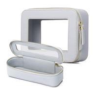 Pinkmik Travel Clear Makeup Bag with Brush Case TSA Approved Toiletry Bag Waterproof Cosmetic Organizer with Zipper Car Essential for Women, Gray, M+SLIM, Travel Makeup Set