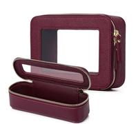 Pinkmik Travel Clear Makeup Bag with Brush Case TSA Approved Toiletry Bag Waterproof Cosmetic Organizer with Zipper Car Essential for Women, X/Burgundy, M+SLIM, Travel Makeup Set