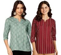 Pinkmint Women's Printed Cotton Blend Short Kurti with 3/4th Sleeve & Notch Neck l Casual & Office Wear Tunic Shirt Kurti, Pastel Green - Maroon, XL